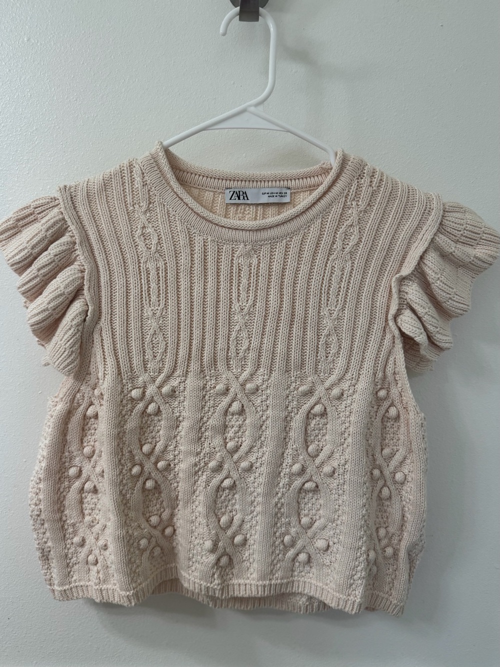 Zara Cream Knit Ruffle-Sleeve Sweater